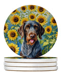 German Wirehaired Pointer in Sunflowers Large Sandstone Coasters Pack of 4 Absorbent Round Coasters Decor Gifts for Men or Women, 4 in, Multicolor