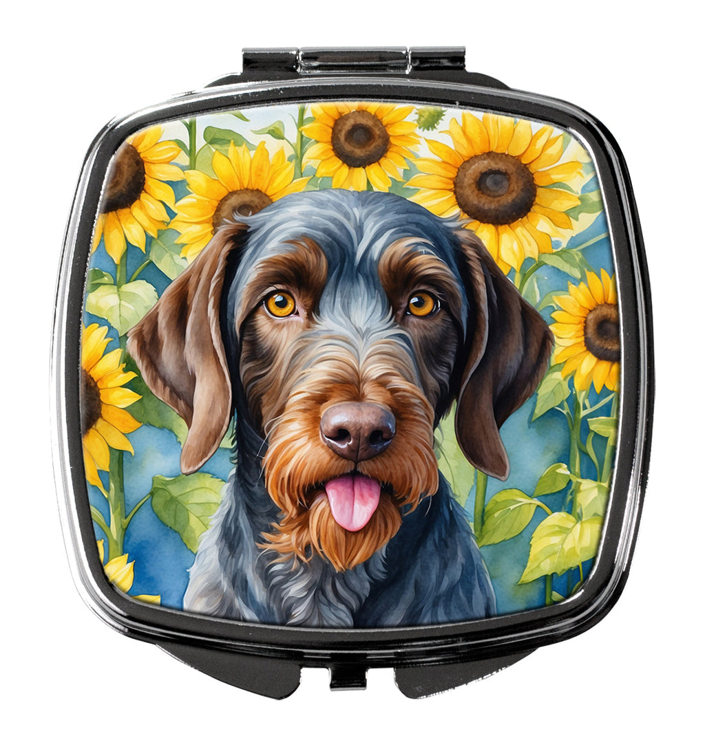German Wirehaired Pointer in Sunflowers Compact Mirror Decorative Travel Makeup Mirror for Women Girls Gifts Pocket Makeup Mirror Folding Handheld