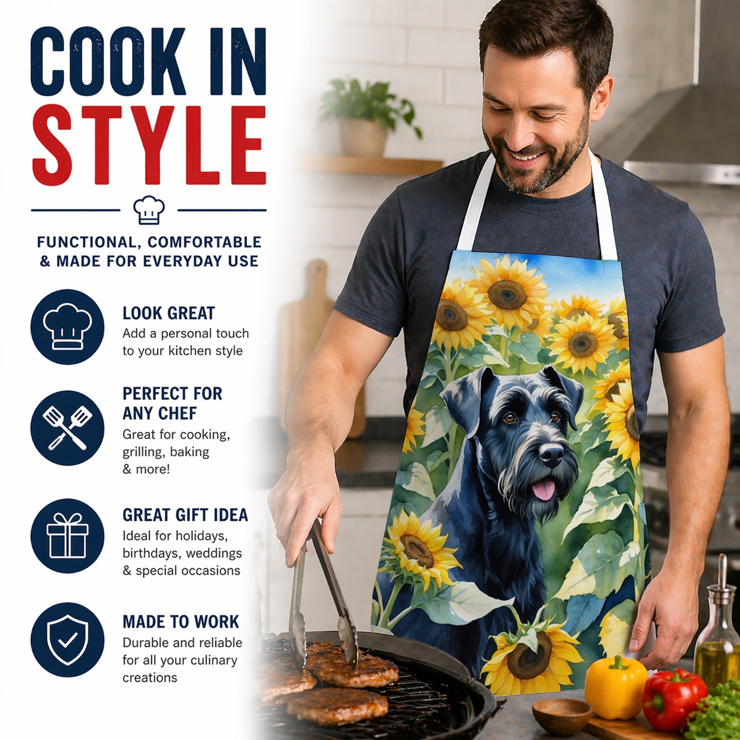 Giant Schnauzer in Sunflowers Apron Cooking Kitchen Server Baking Crafts Gardening for Adult Women Men, Unisex, Large, Multicolor