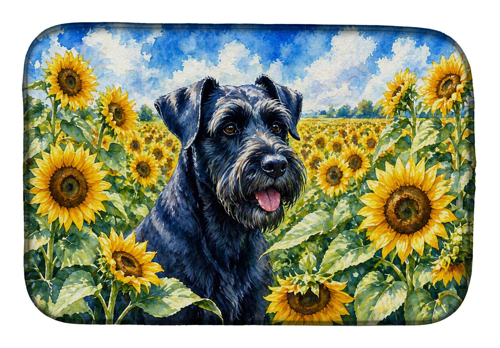 Giant Schnauzer in Sunflowers Dish Drying Mat Absorbent Dish Drying Mat Pad for Kitchen Counter Dish Drainer Mat for Countertop, 14 x 21", Multicolor