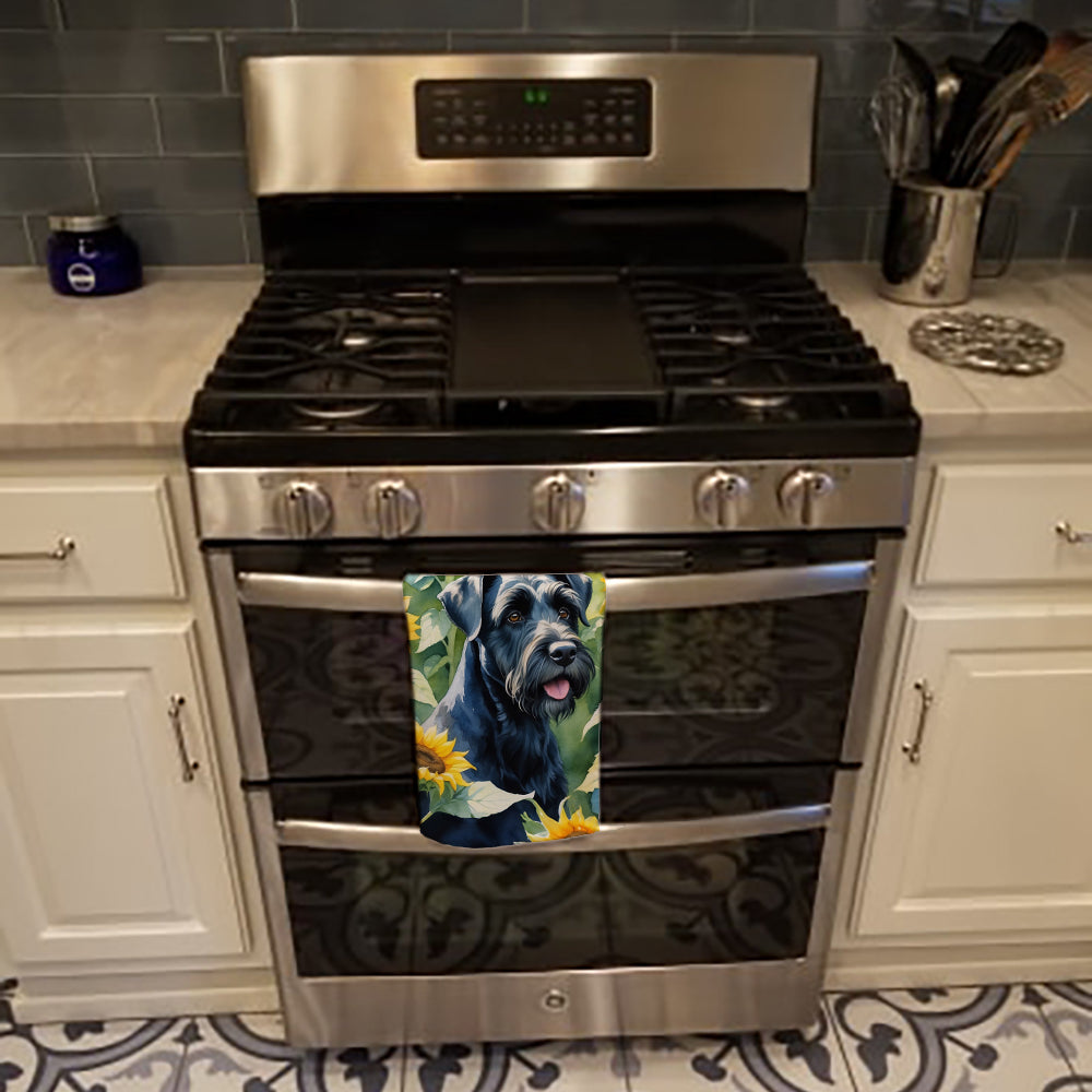 Giant Schnauzer in Sunflowers Kitchen Towel Velour Plush Front and Cotton Loop Back Machine Washable