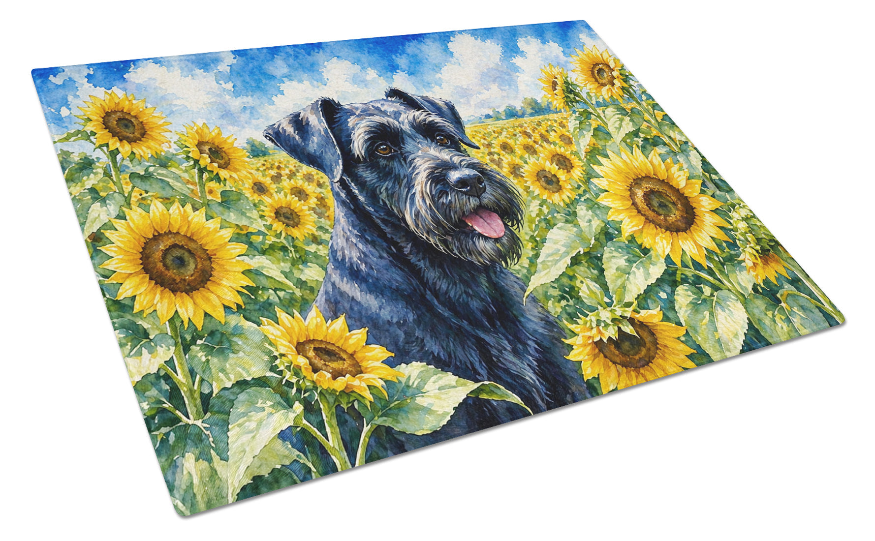 Giant Schnauzer in Sunflowers Cutting Board Tempered Glass Kitchen Cutting Surface, Heat Resistant Chopping Board with Non-Slip Feet, Decorative Food Prep & Serving