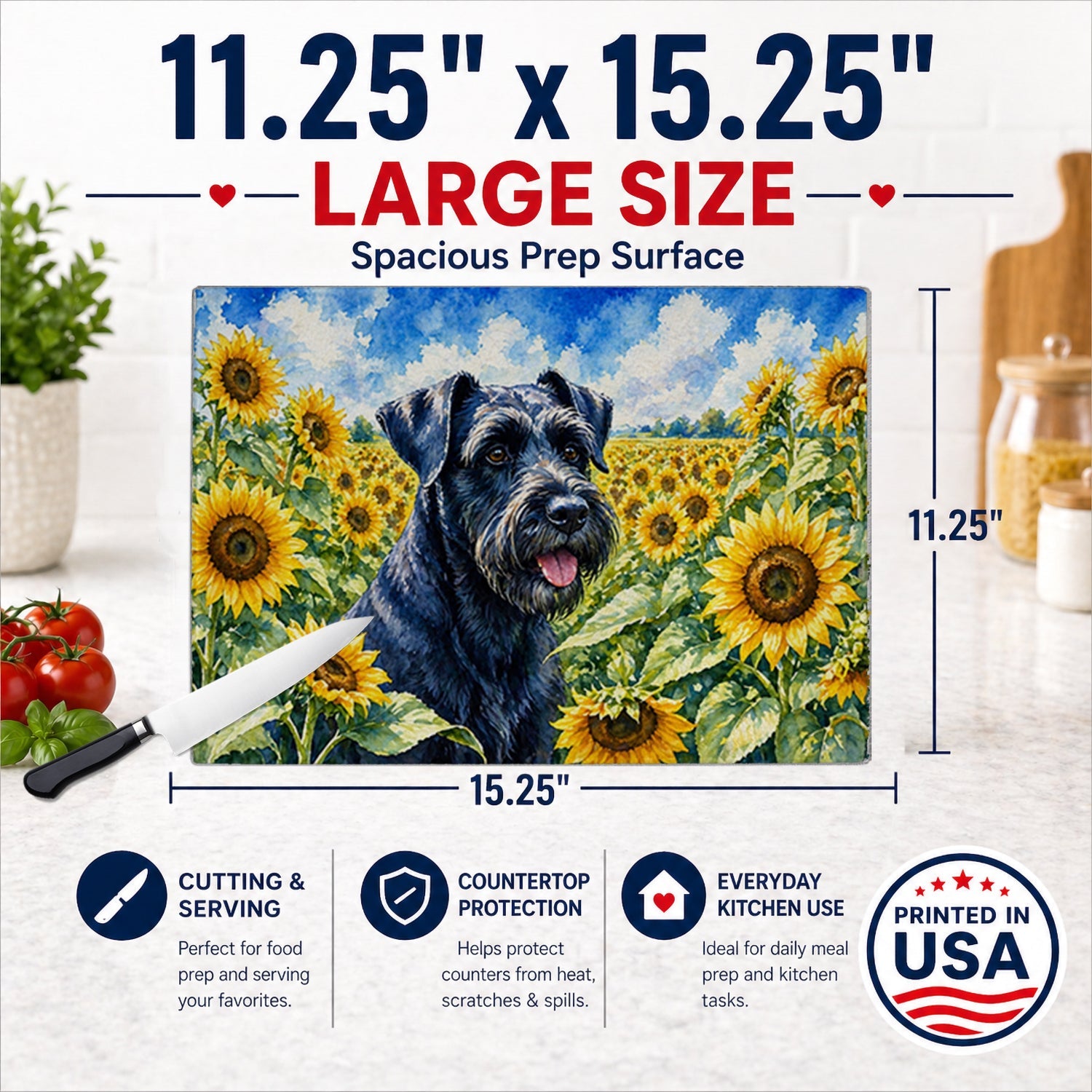 Giant Schnauzer in Sunflowers Cutting Board Tempered Glass Kitchen Cutting Surface, Heat Resistant Chopping Board with Non-Slip Feet, Decorative Food Prep & Serving