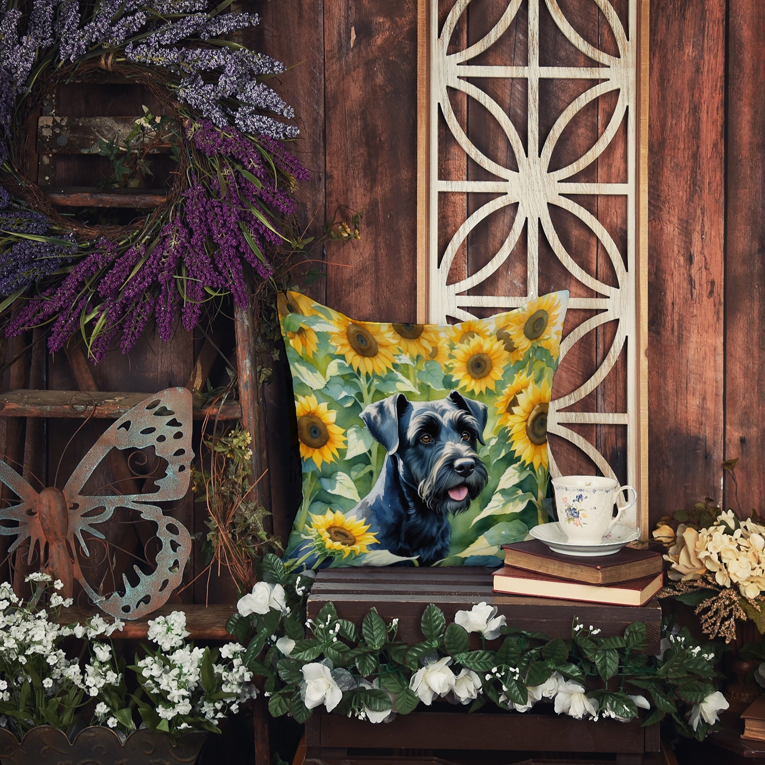 Giant Schnauzer in Sunflowers Decorative Throw Pillow 18x18 Indoor Outdoor Accent Cushion, Fabric Cover with Insert for Sofa, Bed, Porch & Living Room