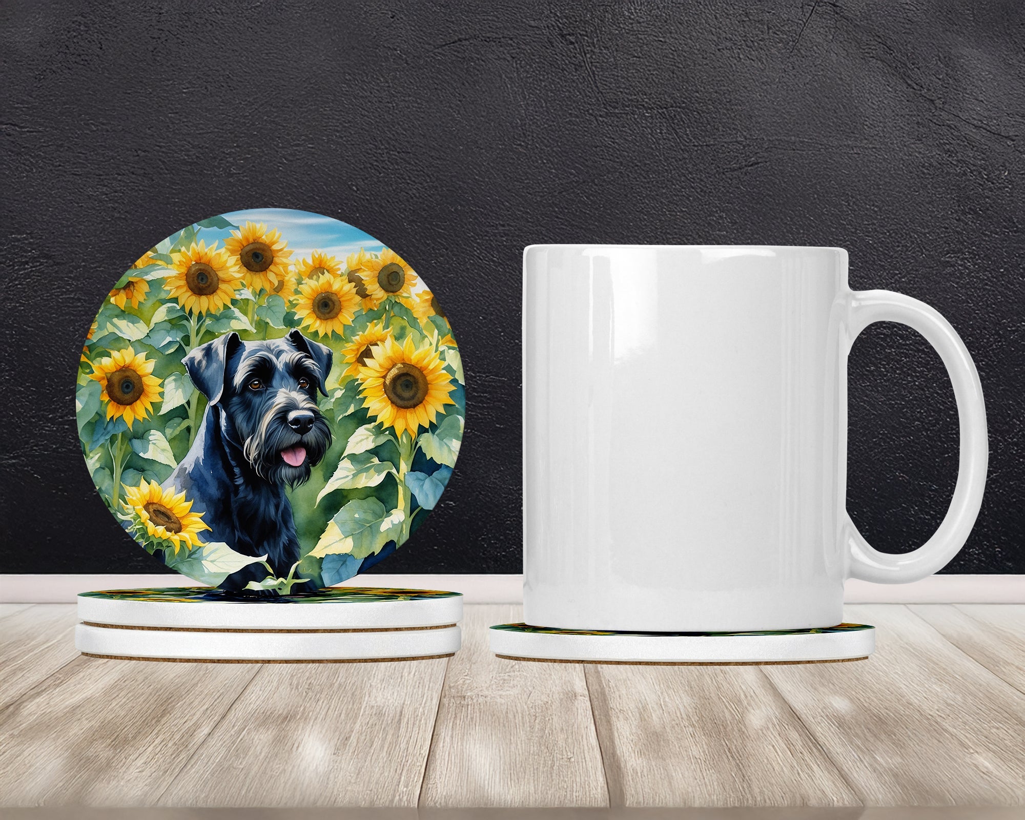 Giant Schnauzer in Sunflowers Large Sandstone Coasters Pack of 4 Absorbent Round Coasters Decor Gifts for Men or Women, 4 in, Multicolor