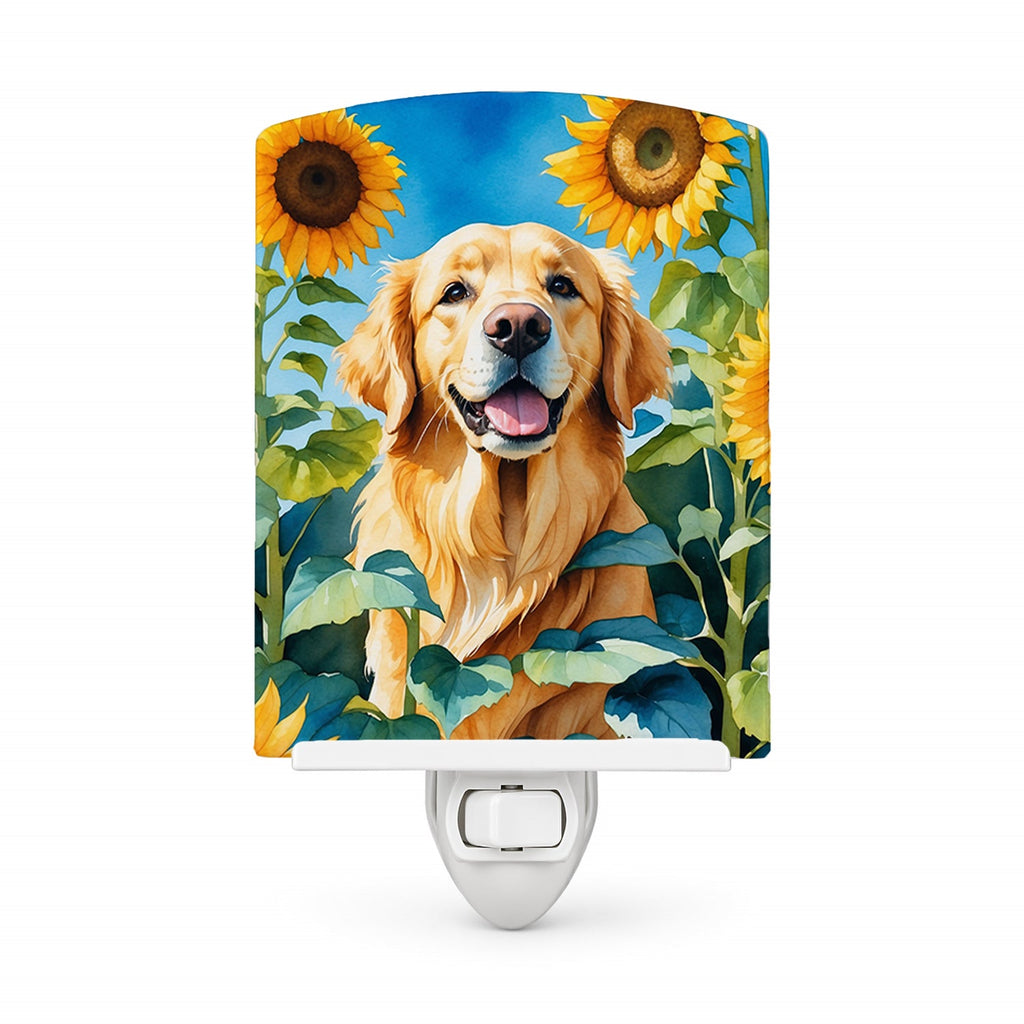 Golden Retriever in Sunflowers Ceramic Night Light Compact, UL-Certified, Ideal for Bedroom, Bathroom, Nursery, Hallway, Kitchen, 6x4x3, Multicolor