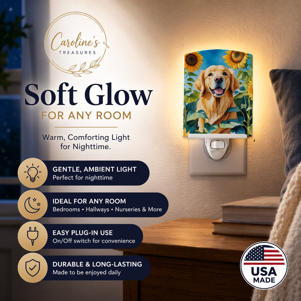 Golden Retriever in Sunflowers Ceramic Night Light Compact, UL-Certified, Ideal for Bedroom, Bathroom, Nursery, Hallway, Kitchen, 6x4x3, Multicolor