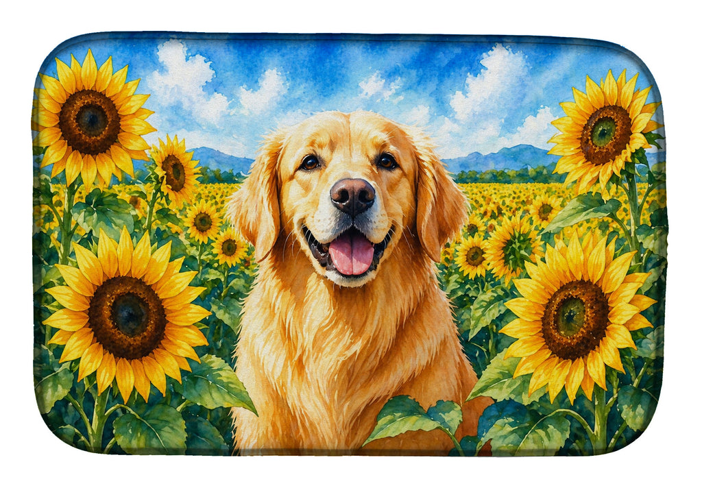Golden Retriever in Sunflowers Dish Drying Mat Absorbent Dish Drying Mat Pad for Kitchen Counter Dish Drainer Mat for Countertop, 14 x 21", Multicolor
