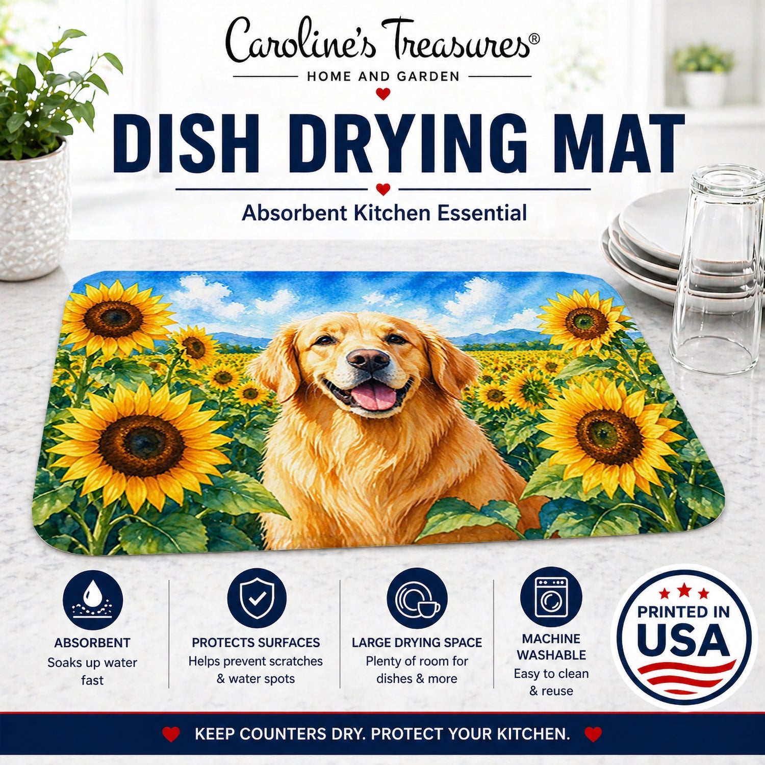 Golden Retriever in Sunflowers Dish Drying Mat Absorbent Dish Drying Mat Pad for Kitchen Counter Dish Drainer Mat for Countertop, 14 x 21", Multicolor