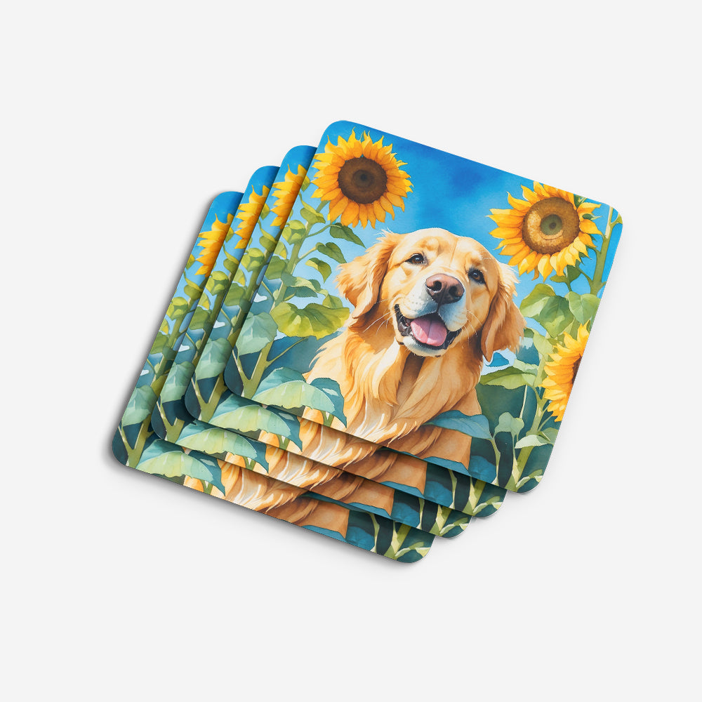Golden Retriever in Sunflowers Foam Coasters Set of 4 Cup Coasters for Indoor Outdoor, Tabletop Protection, Anti Slip, Mouse pad Material