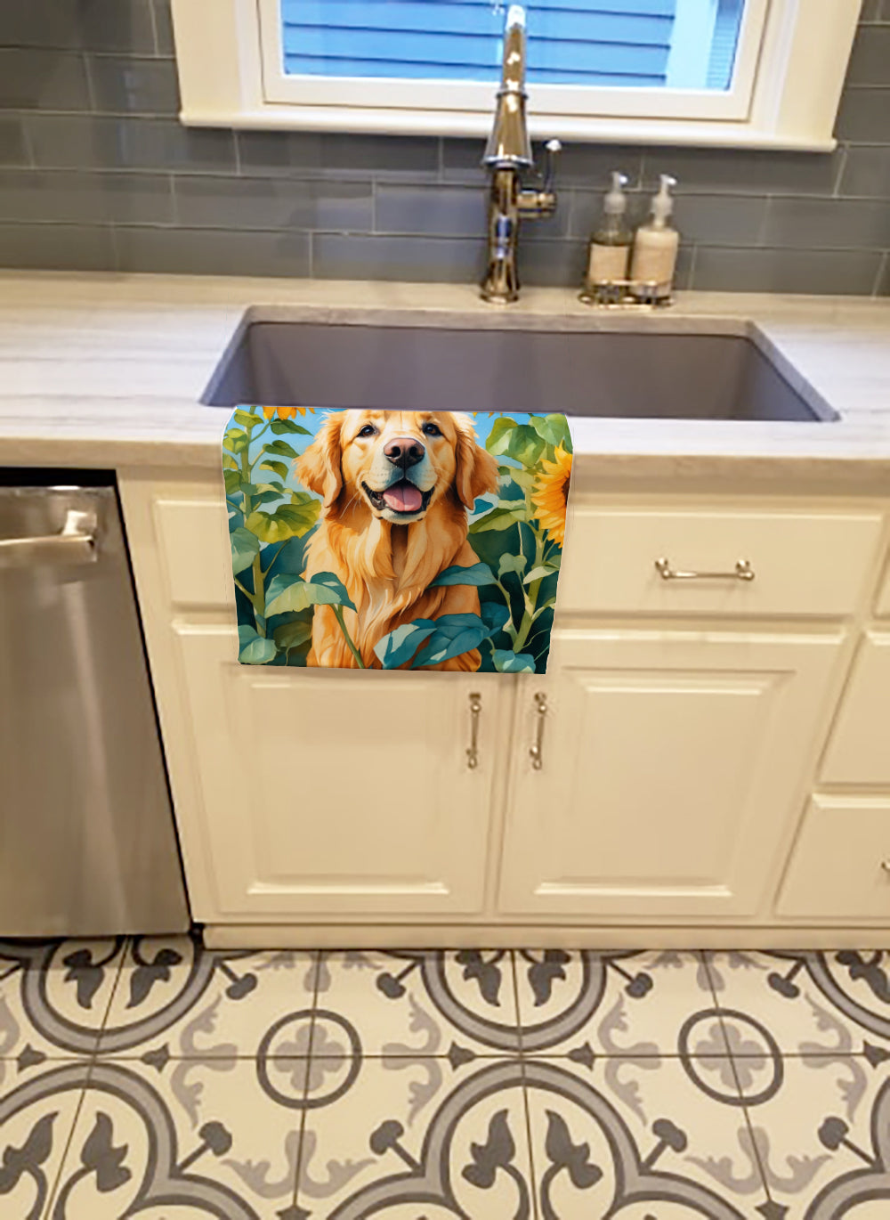 Golden Retriever in Sunflowers Kitchen Towel Velour Plush Front and Cotton Loop Back Machine Washable