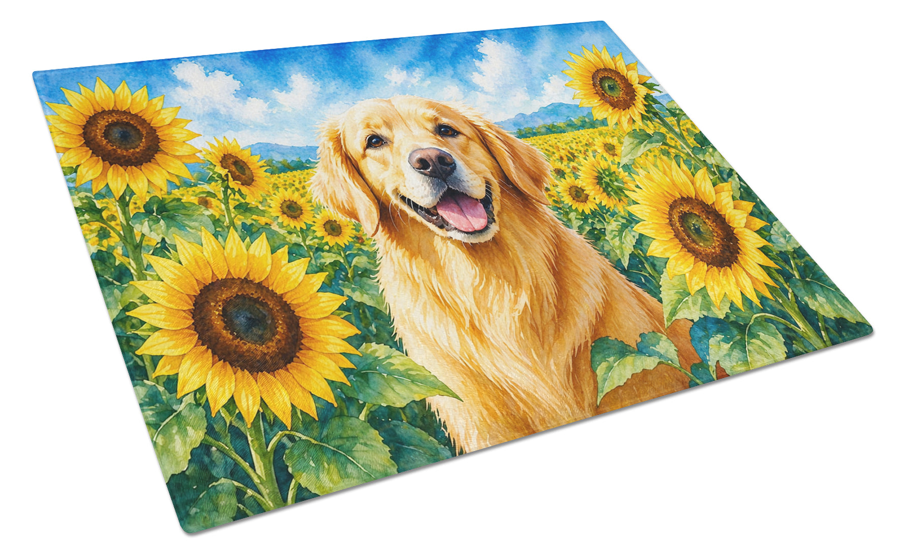 Golden Retriever in Sunflowers Cutting Board Tempered Glass Kitchen Cutting Surface, Heat Resistant Chopping Board with Non-Slip Feet, Decorative Food Prep & Serving