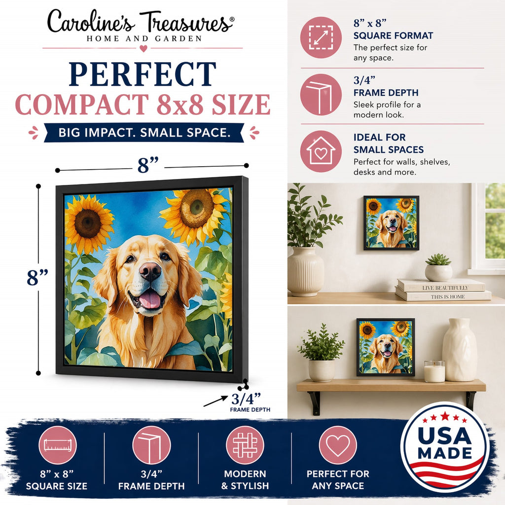 Golden Retriever in Sunflowers Framed Metal Print Bathroom, Kitchen, Office, Home Decor Wall Art Ready to Hang, Square, 8X8
