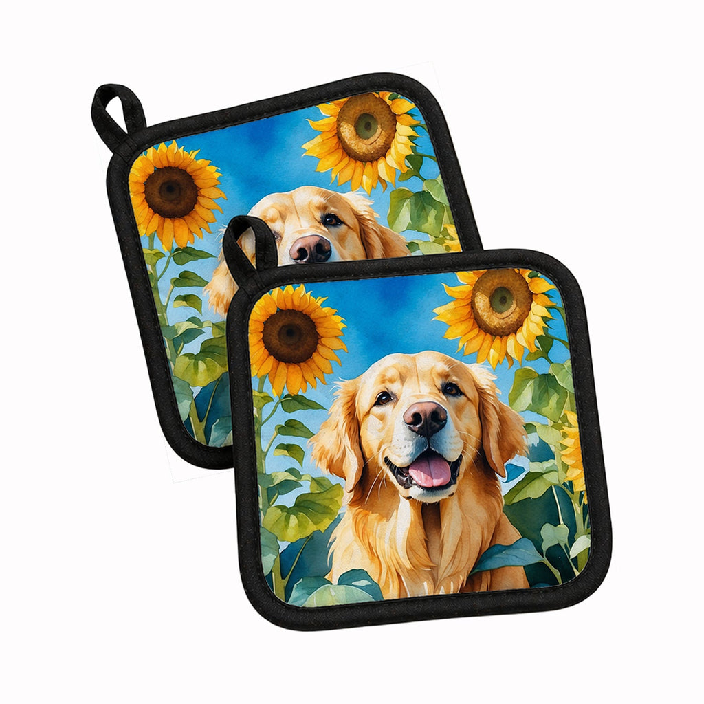Golden Retriever in Sunflowers Pot Holder Set of 2 Heat Resistant Quilted Hot Pads 7.5 x 7.5 Inch, Insulated Kitchen Trivets for Cooking & Baking