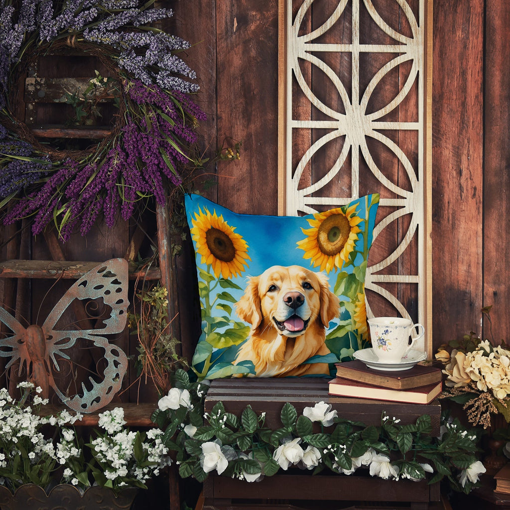 Golden Retriever in Sunflowers Decorative Throw Pillow 14x14 Indoor Outdoor Accent Cushion, Fabric Cover with Insert for Sofa, Bed, Porch & Living Room