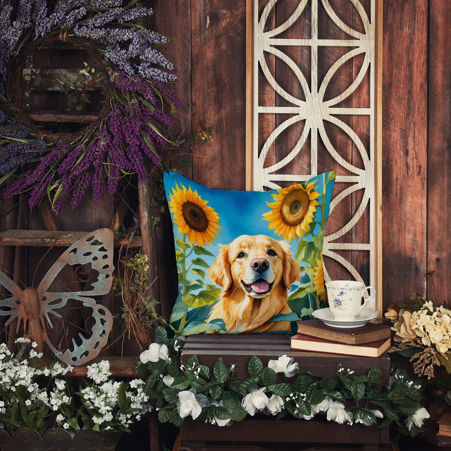 Golden Retriever in Sunflowers Decorative Throw Pillow 14x14 Indoor Outdoor Accent Cushion, Fabric Cover with Insert for Sofa, Bed, Porch & Living Room