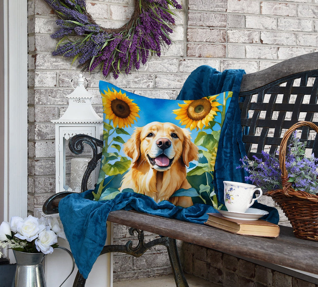 Golden Retriever in Sunflowers Decorative Throw Pillow 18x18 Indoor Outdoor Accent Cushion, Fabric Cover with Insert for Sofa, Bed, Porch & Living Room