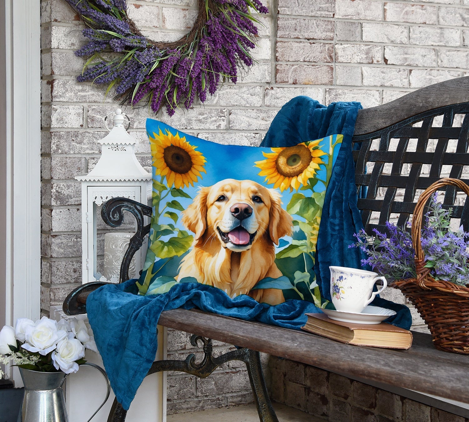 Golden Retriever in Sunflowers Decorative Throw Pillow 18x18 Indoor Outdoor Accent Cushion, Fabric Cover with Insert for Sofa, Bed, Porch & Living Room