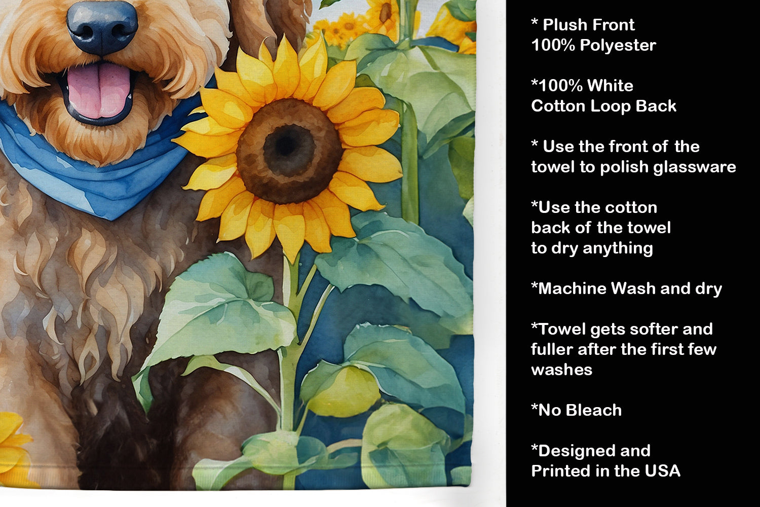 Goldendoodle in Sunflowers Kitchen Towel Velour Plush Front and Cotton Loop Back Machine Washable