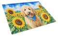 Goldendoodle in Sunflowers Cutting Board Tempered Glass Kitchen Cutting Surface, Heat Resistant Chopping Board with Non-Slip Feet, Decorative Food Prep & Serving