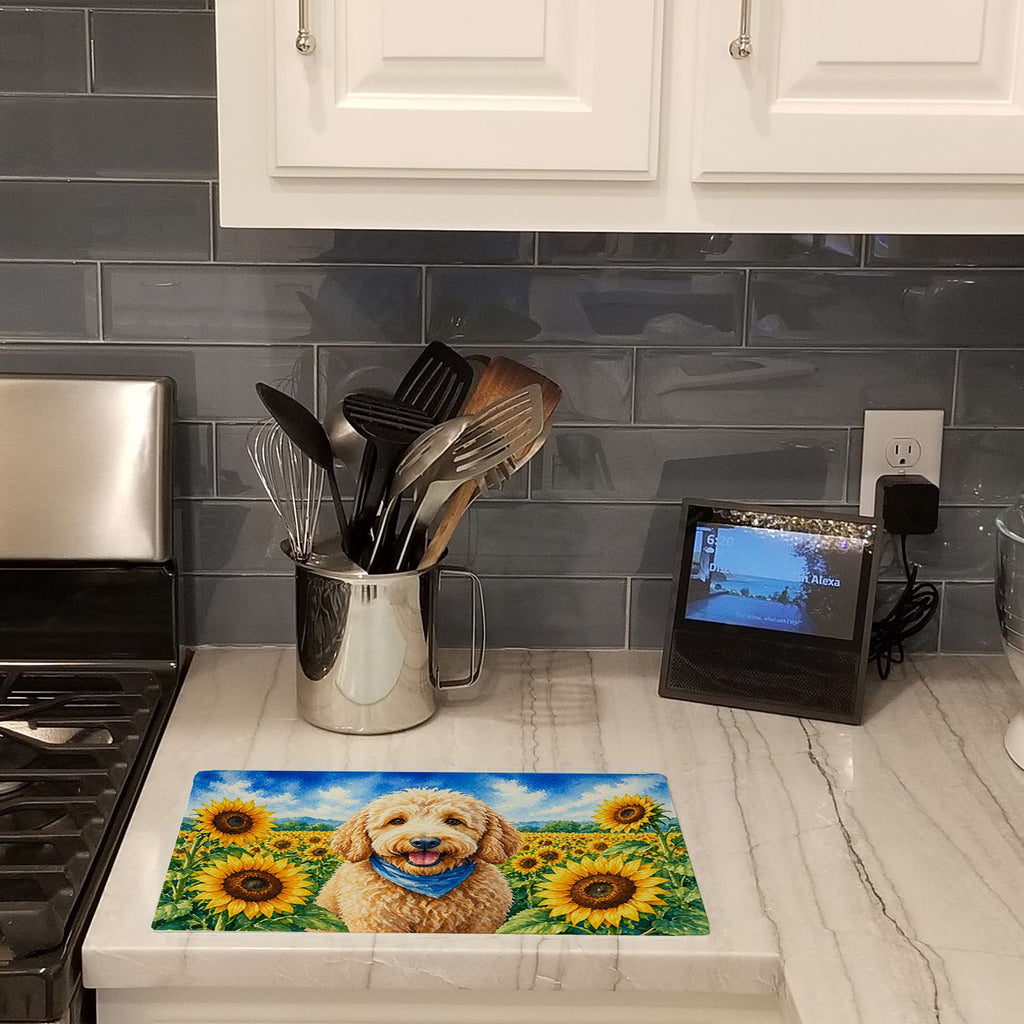 Goldendoodle in Sunflowers Cutting Board Tempered Glass Kitchen Cutting Surface, Heat Resistant Chopping Board with Non-Slip Feet, Decorative Food Prep & Serving
