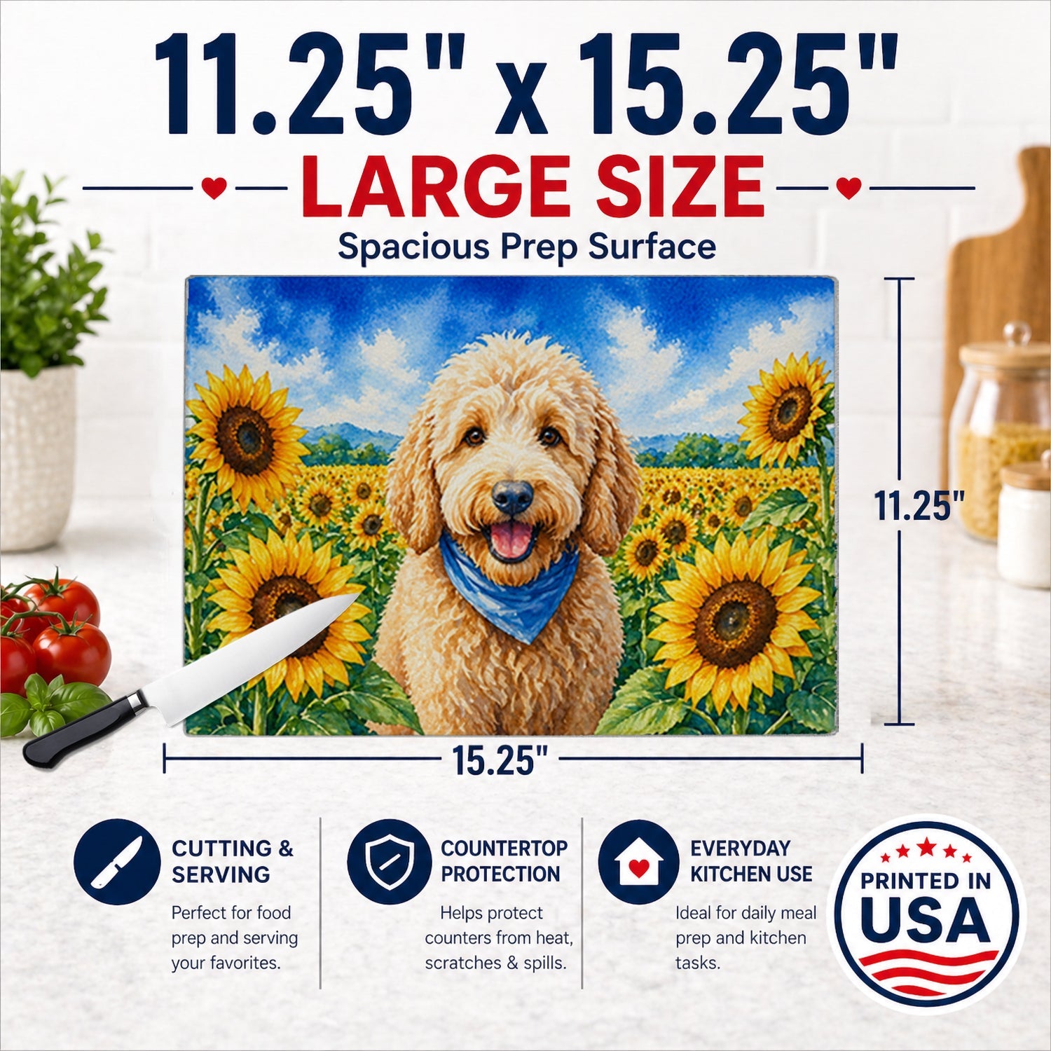 Goldendoodle in Sunflowers Cutting Board Tempered Glass Kitchen Cutting Surface, Heat Resistant Chopping Board with Non-Slip Feet, Decorative Food Prep & Serving
