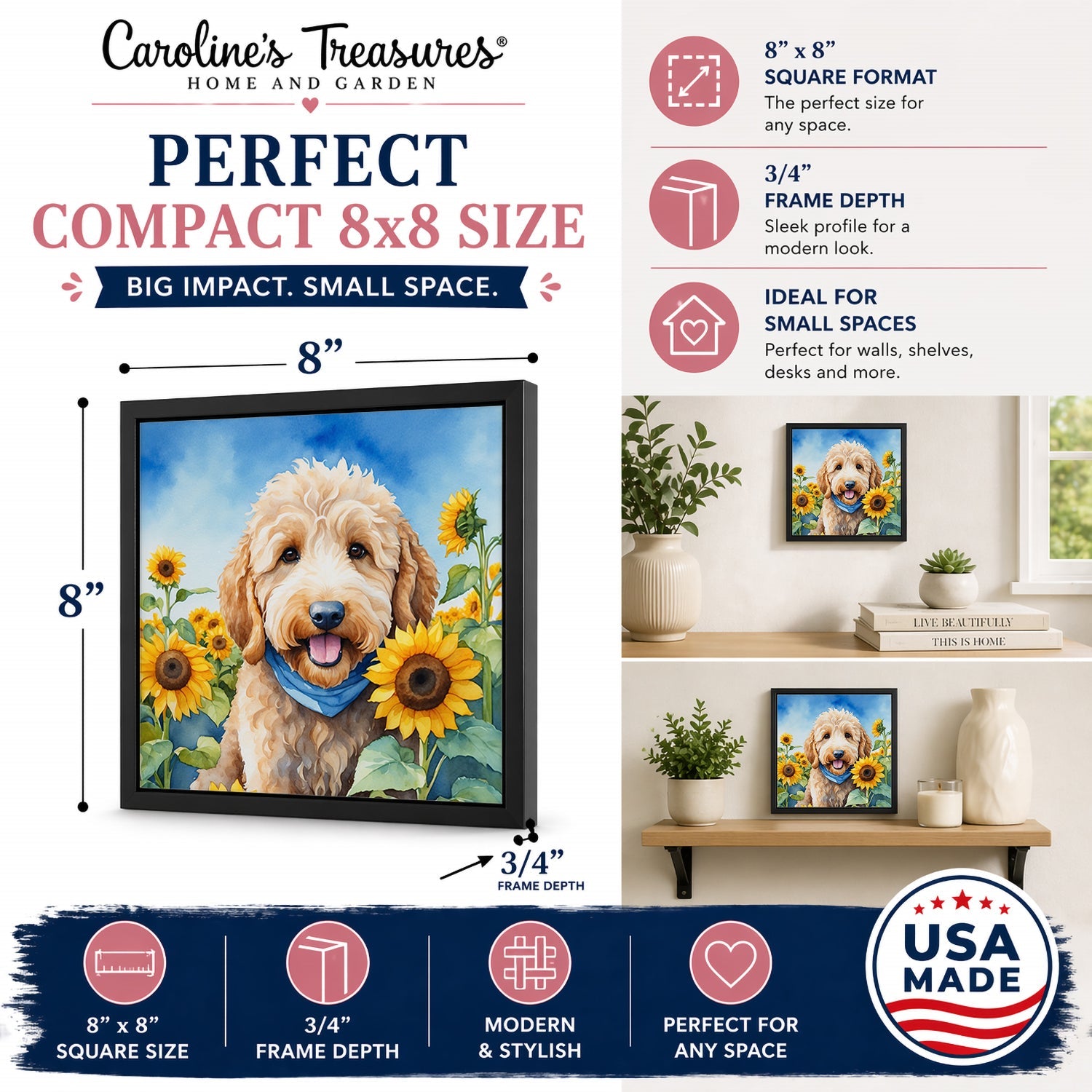 Goldendoodle in Sunflowers Framed Metal Print Bathroom, Kitchen, Office, Home Decor Wall Art Ready to Hang, Square, 8X8