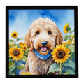 Goldendoodle in Sunflowers Framed Metal Print Bathroom, Kitchen, Office, Home Decor Wall Art Ready to Hang, Square, 8X8