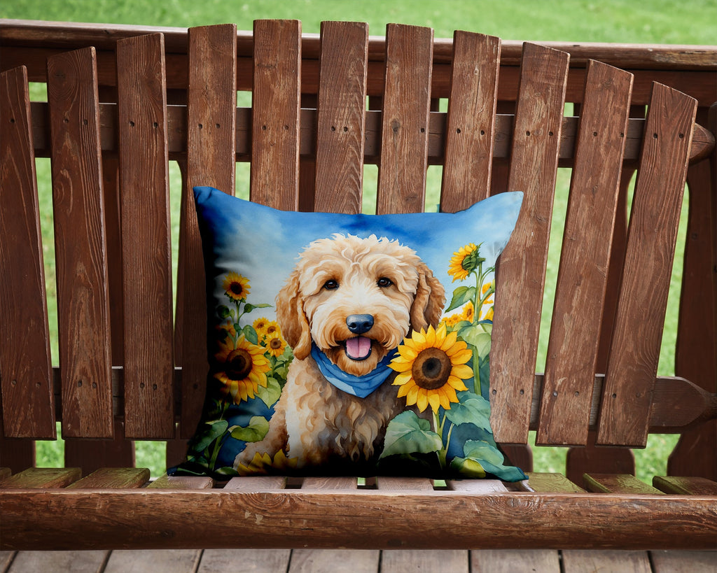 Goldendoodle in Sunflowers Decorative Throw Pillow 14x14 Indoor Outdoor Accent Cushion, Fabric Cover with Insert for Sofa, Bed, Porch & Living Room