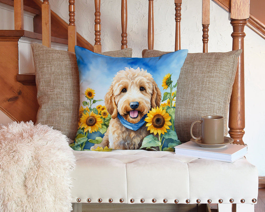 Goldendoodle in Sunflowers Decorative Throw Pillow 14x14 Indoor Outdoor Accent Cushion, Fabric Cover with Insert for Sofa, Bed, Porch & Living Room