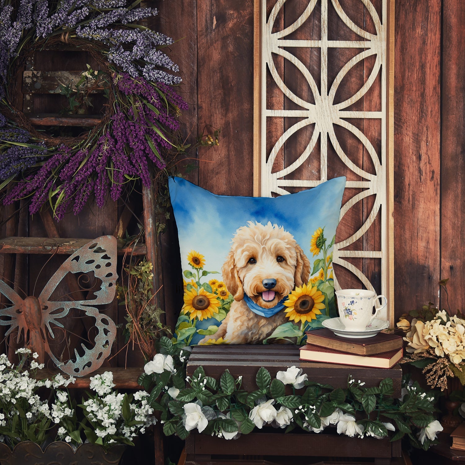 Goldendoodle in Sunflowers Decorative Throw Pillow 14x14 Indoor Outdoor Accent Cushion, Fabric Cover with Insert for Sofa, Bed, Porch & Living Room
