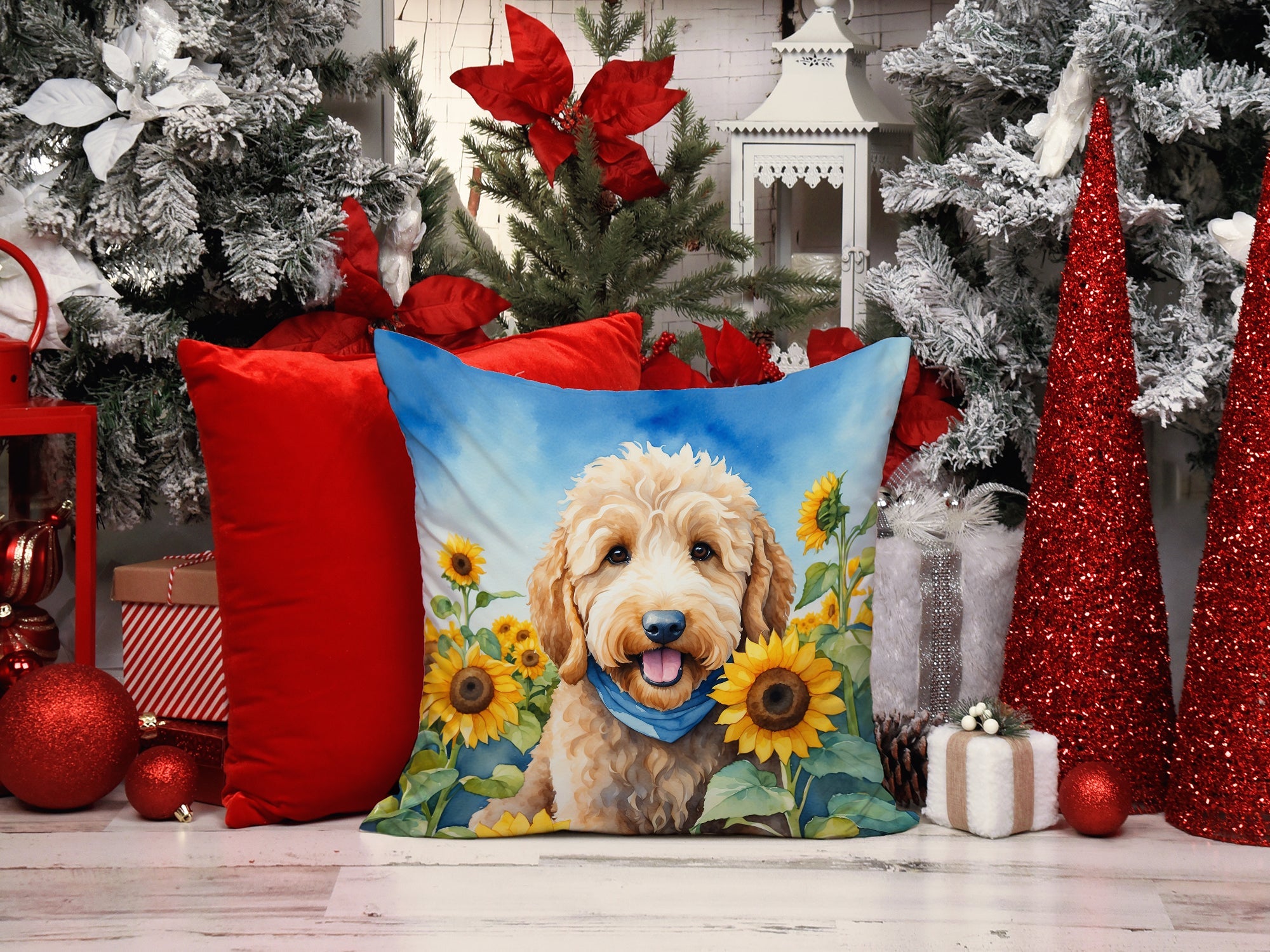 Goldendoodle in Sunflowers Decorative Throw Pillow 14x14 Indoor Outdoor Accent Cushion, Fabric Cover with Insert for Sofa, Bed, Porch & Living Room