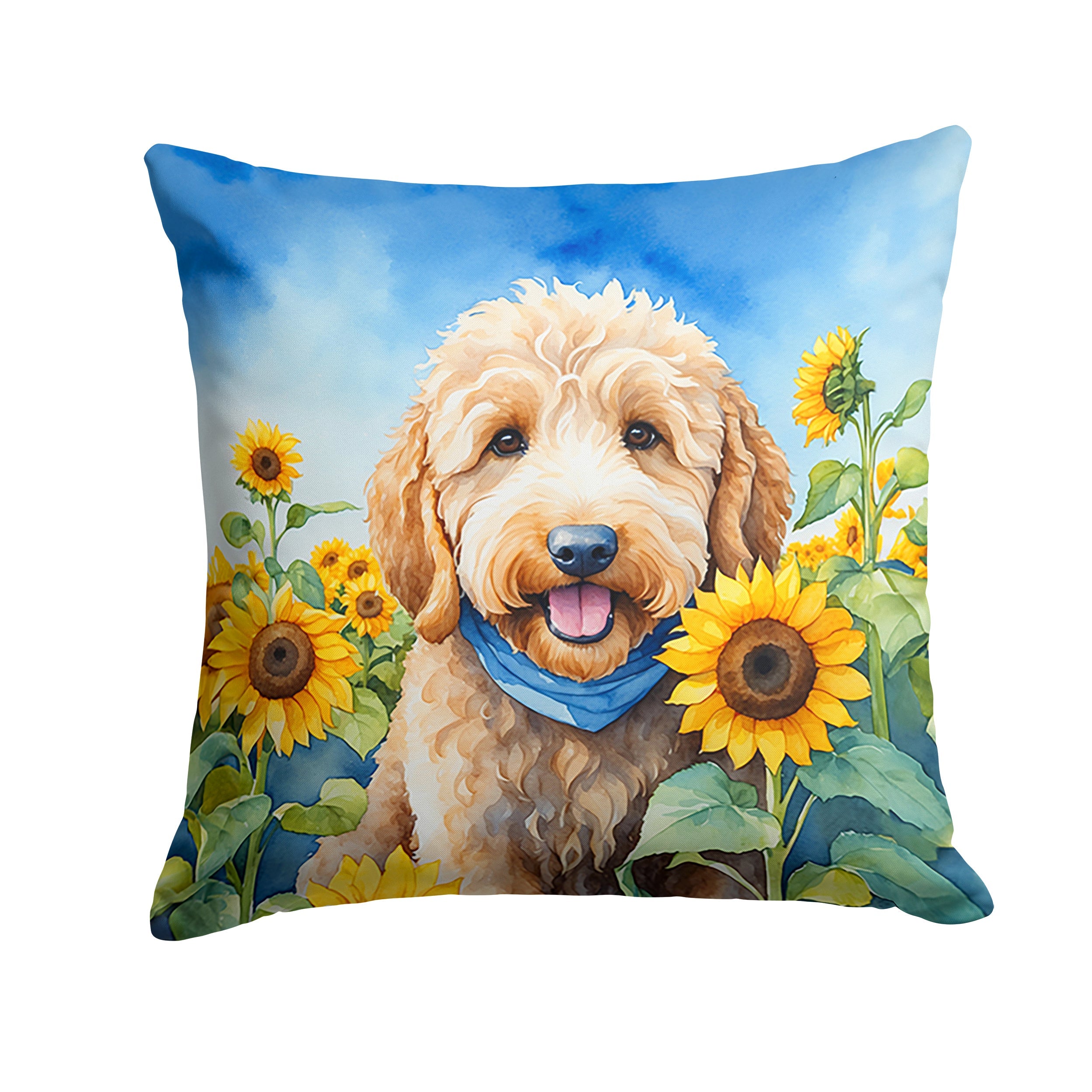 Goldendoodle in Sunflowers Decorative Throw Pillow 18x18 Indoor Outdoor Accent Cushion, Fabric Cover with Insert for Sofa, Bed, Porch & Living Room