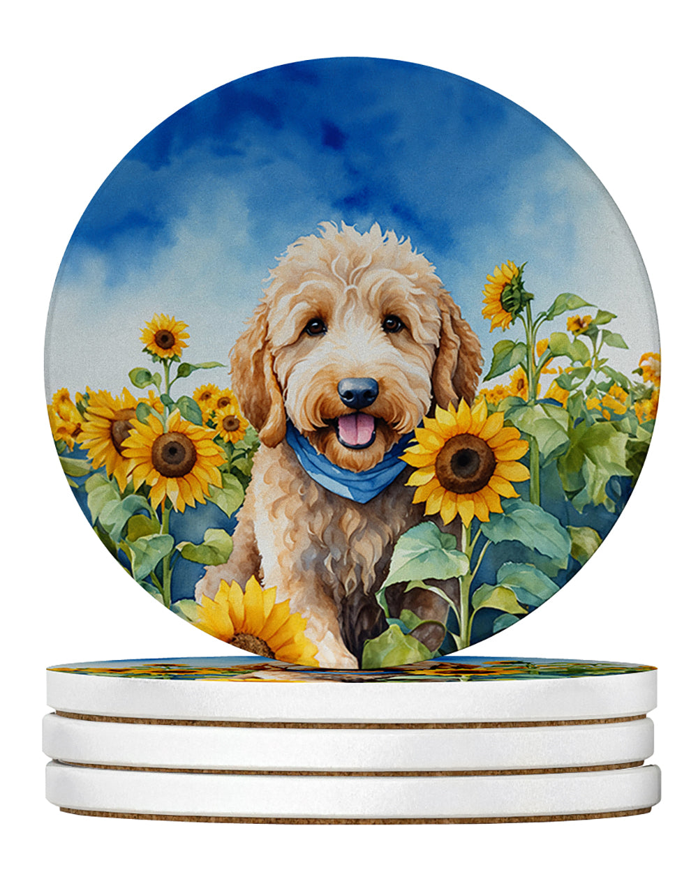 Goldendoodle in Sunflowers Large Sandstone Coasters Pack of 4 Absorbent Round Coasters Decor Gifts for Men or Women, 4 in, Multicolor