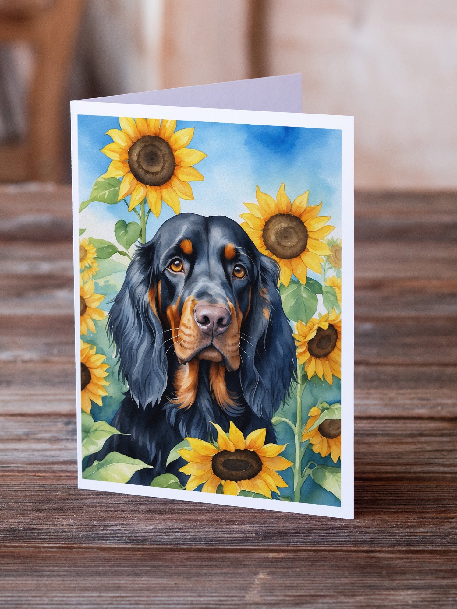 Gordon Setter in Sunflowers Greeting Cards Pack of 8 Blank Cards with Envelopes Whimsical A7 Size 5x7