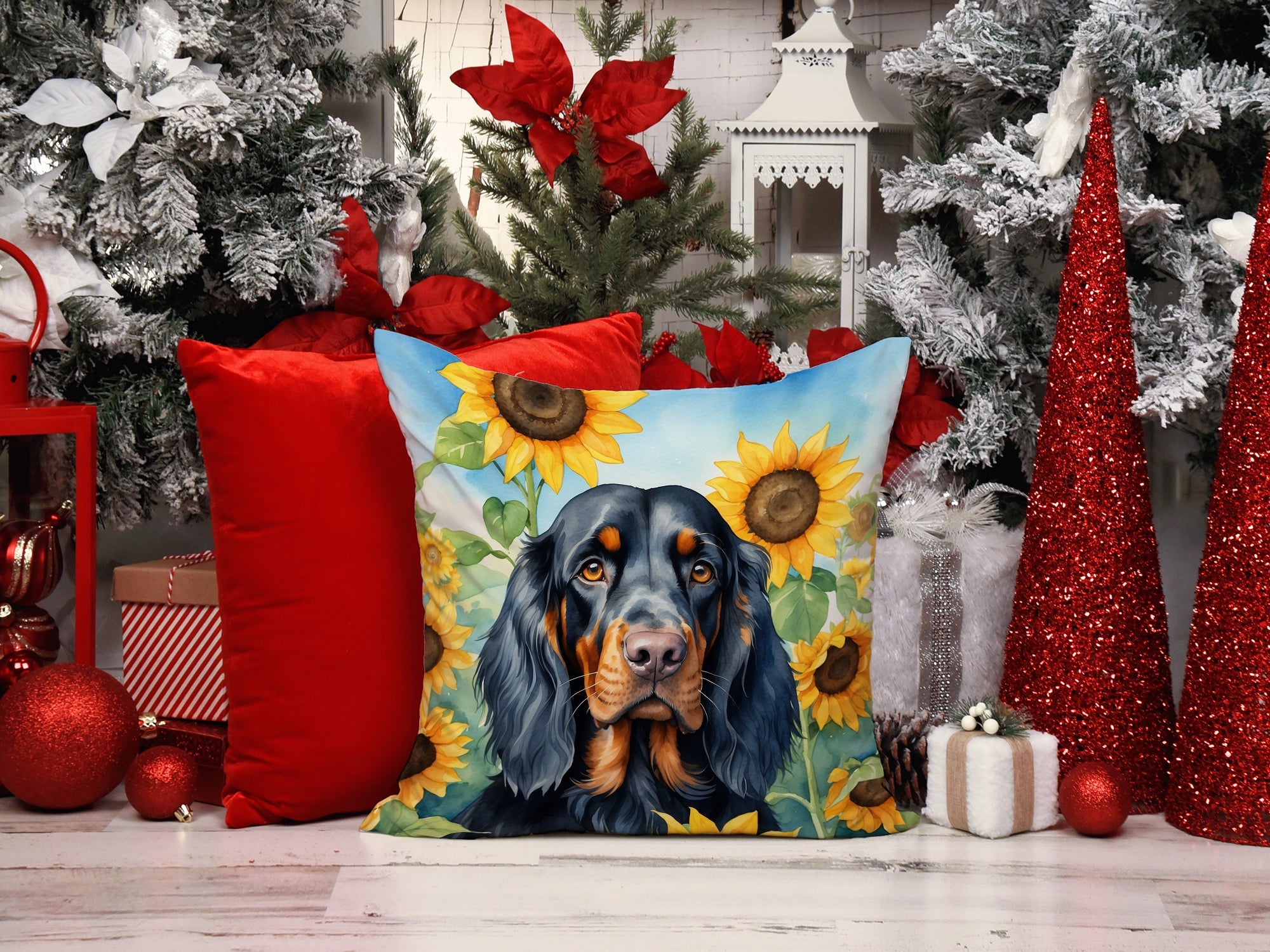 Gordon Setter in Sunflowers Decorative Throw Pillow 14x14 Indoor Outdoor Accent Cushion, Fabric Cover with Insert for Sofa, Bed, Porch & Living Room