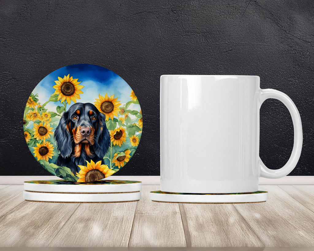 Gordon Setter in Sunflowers Large Sandstone Coasters Pack of 4 Absorbent Round Coasters Decor Gifts for Men or Women, 4 in, Multicolor