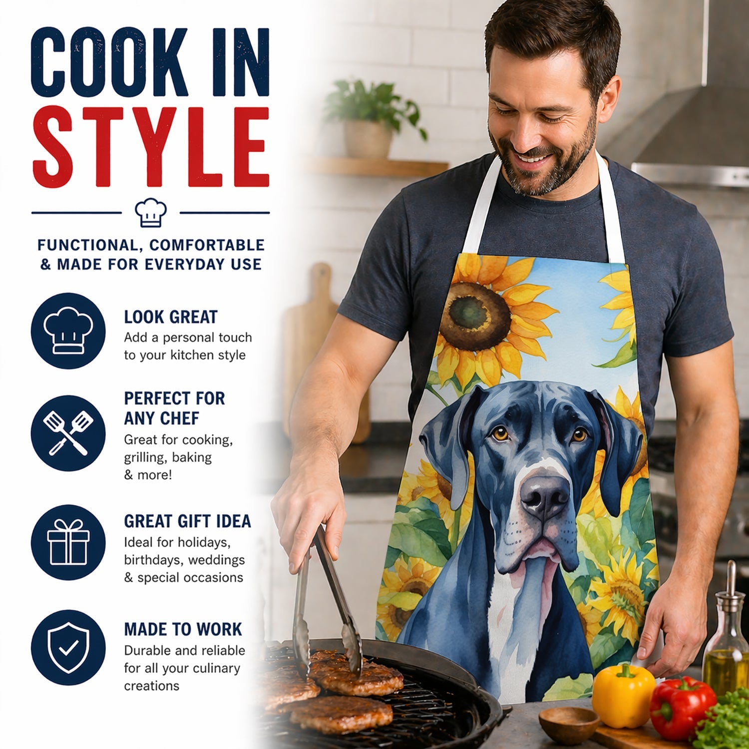 Great Dane in Sunflowers Apron Cooking Kitchen Server Baking Crafts Gardening for Adult Women Men, Unisex, Large, Multicolor