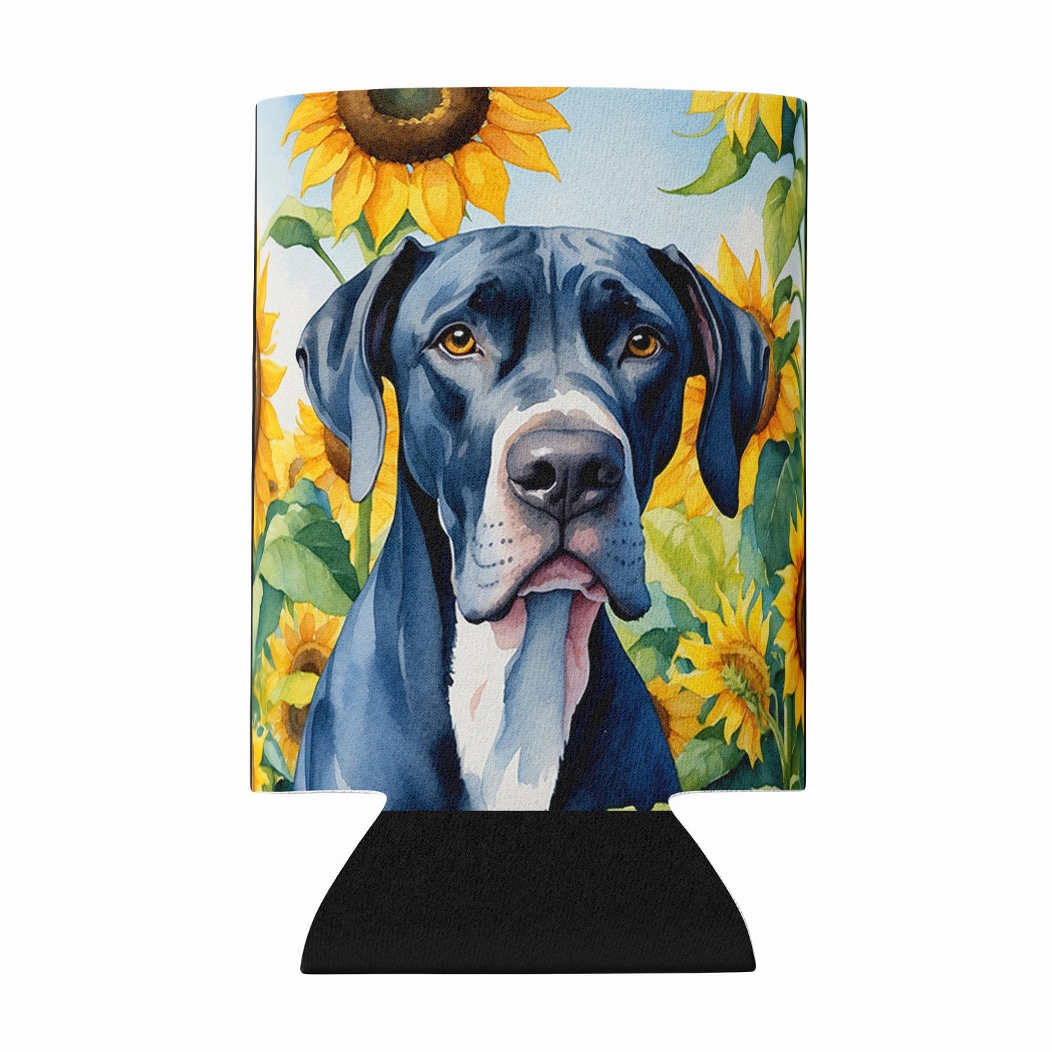 Great Dane in Sunflowers Can or Bottle Hugger Cooler Sleeve for Standard 12 oz Cans, Insulated Foam Beer & Soda Can Hugger Reusable