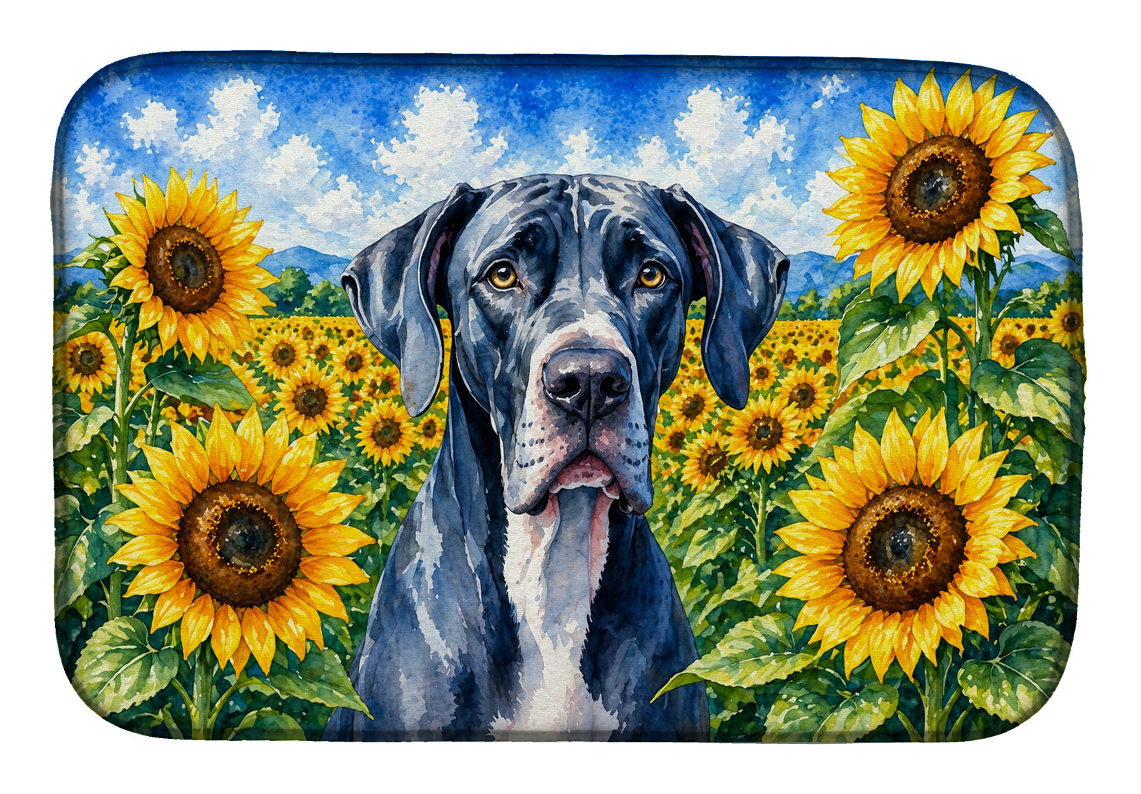 Great Dane in Sunflowers Dish Drying Mat Absorbent Dish Drying Mat Pad for Kitchen Counter Dish Drainer Mat for Countertop, 14 x 21", Multicolor