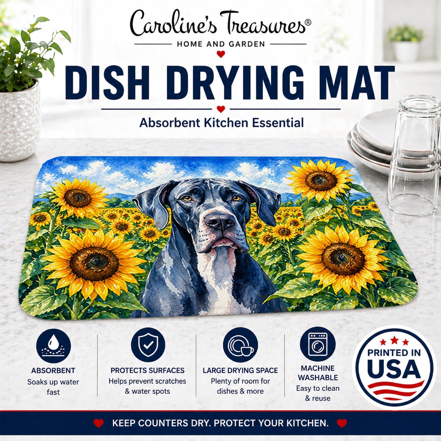Great Dane in Sunflowers Dish Drying Mat Absorbent Dish Drying Mat Pad for Kitchen Counter Dish Drainer Mat for Countertop, 14 x 21", Multicolor