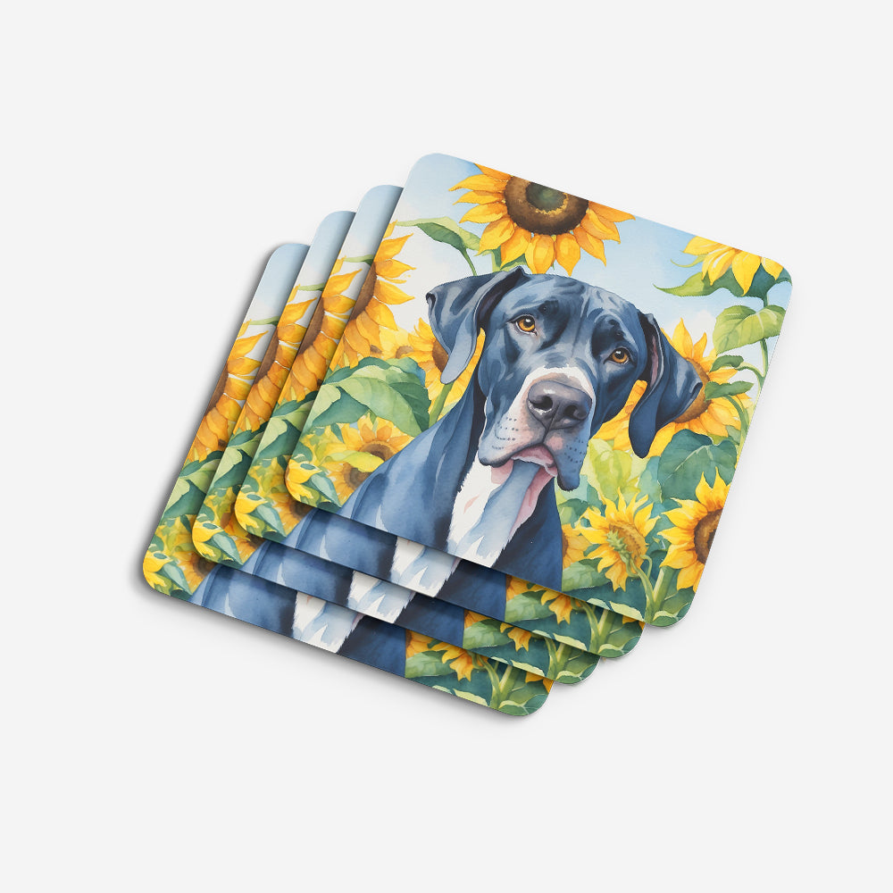 Great Dane in Sunflowers Foam Coasters Set of 4 Cup Coasters for Indoor Outdoor, Tabletop Protection, Anti Slip, Mouse pad Material