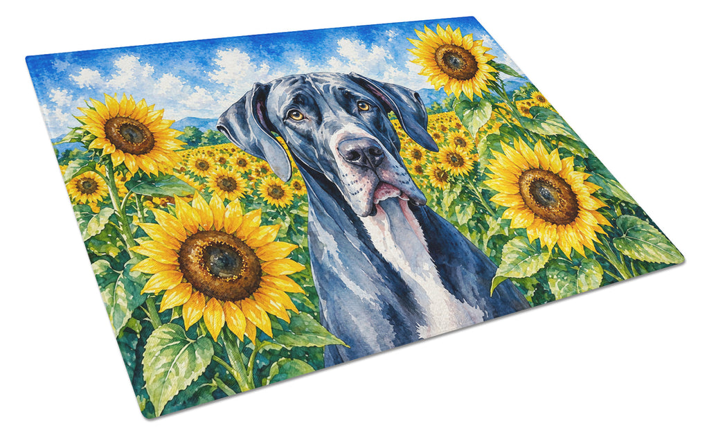 Great Dane in Sunflowers Cutting Board Tempered Glass Kitchen Cutting Surface, Heat Resistant Chopping Board with Non-Slip Feet, Decorative Food Prep & Serving