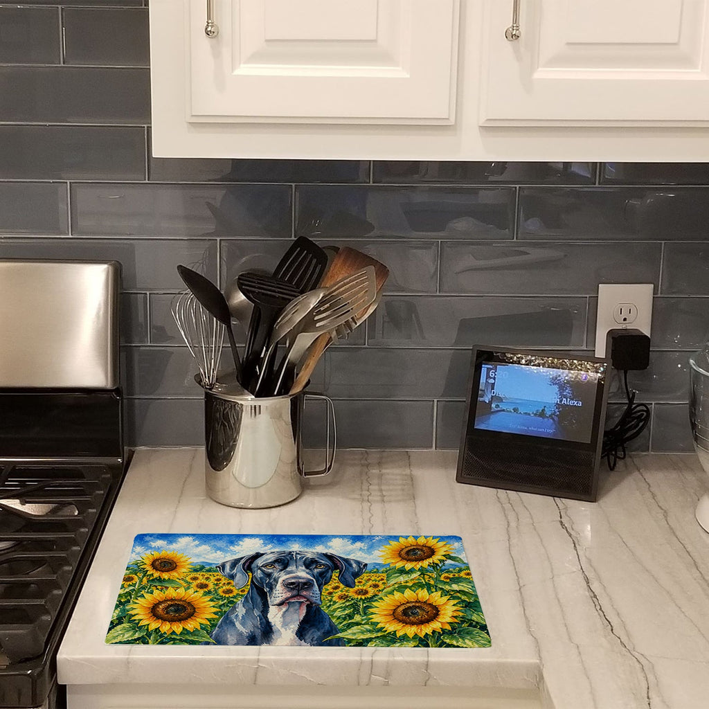 Great Dane in Sunflowers Cutting Board Tempered Glass Kitchen Cutting Surface, Heat Resistant Chopping Board with Non-Slip Feet, Decorative Food Prep & Serving