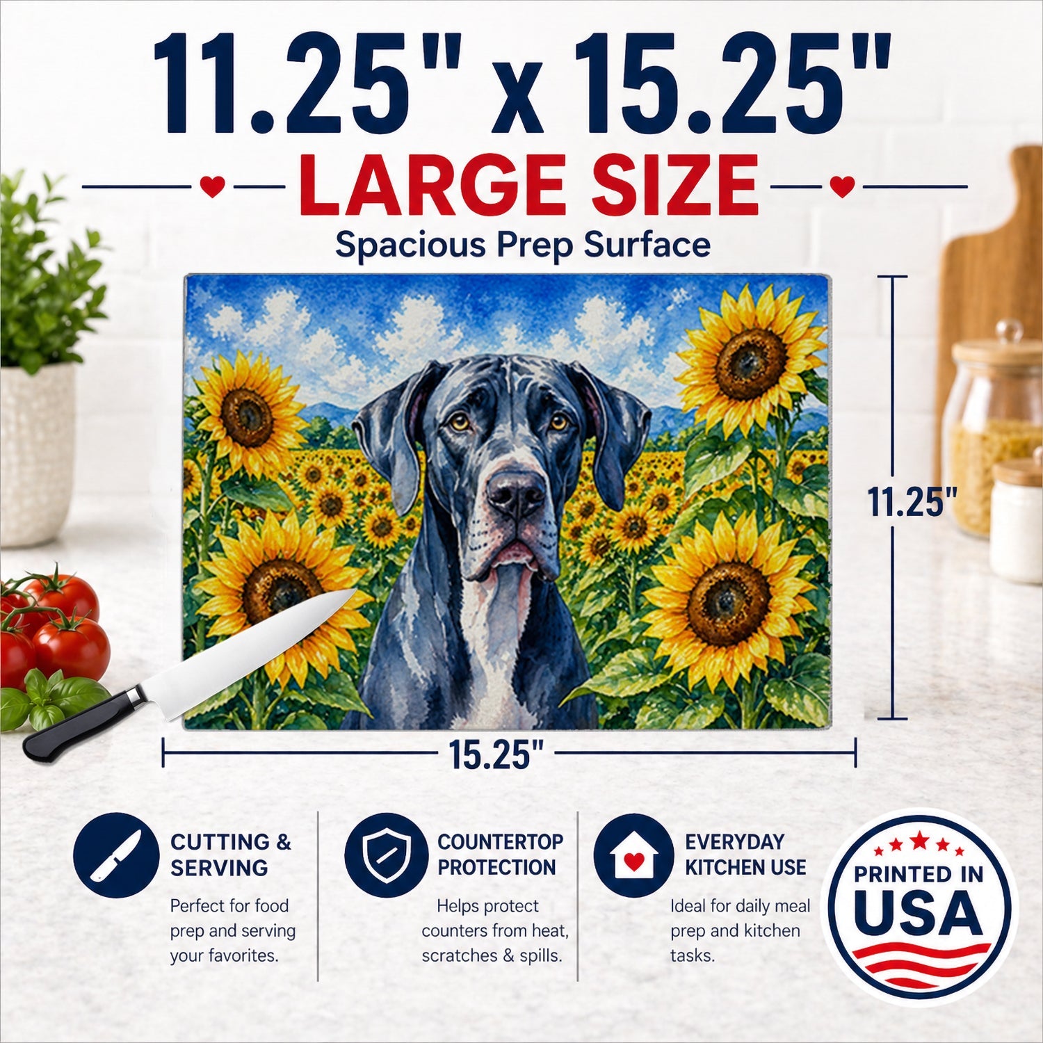 Great Dane in Sunflowers Cutting Board Tempered Glass Kitchen Cutting Surface, Heat Resistant Chopping Board with Non-Slip Feet, Decorative Food Prep & Serving