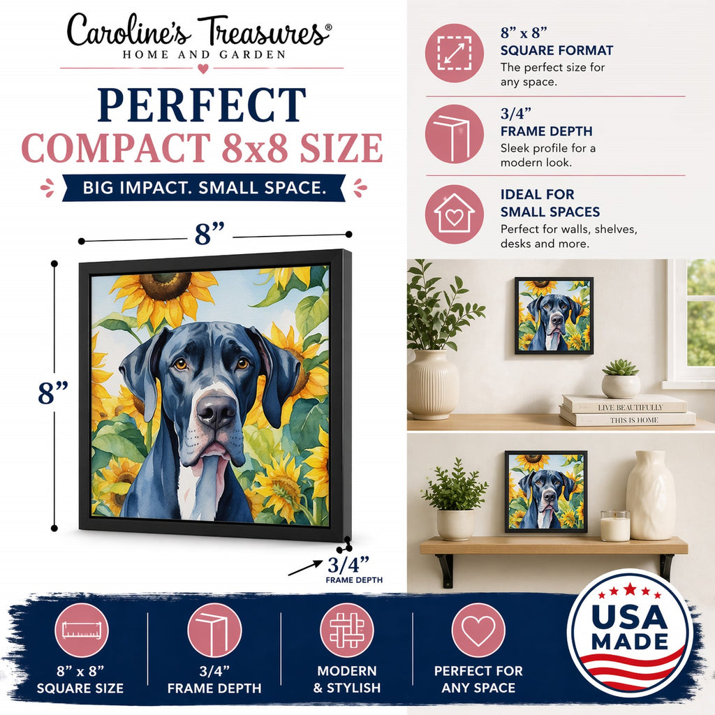 Great Dane in Sunflowers Framed Metal Print Bathroom, Kitchen, Office, Home Decor Wall Art Ready to Hang, Square, 8X8