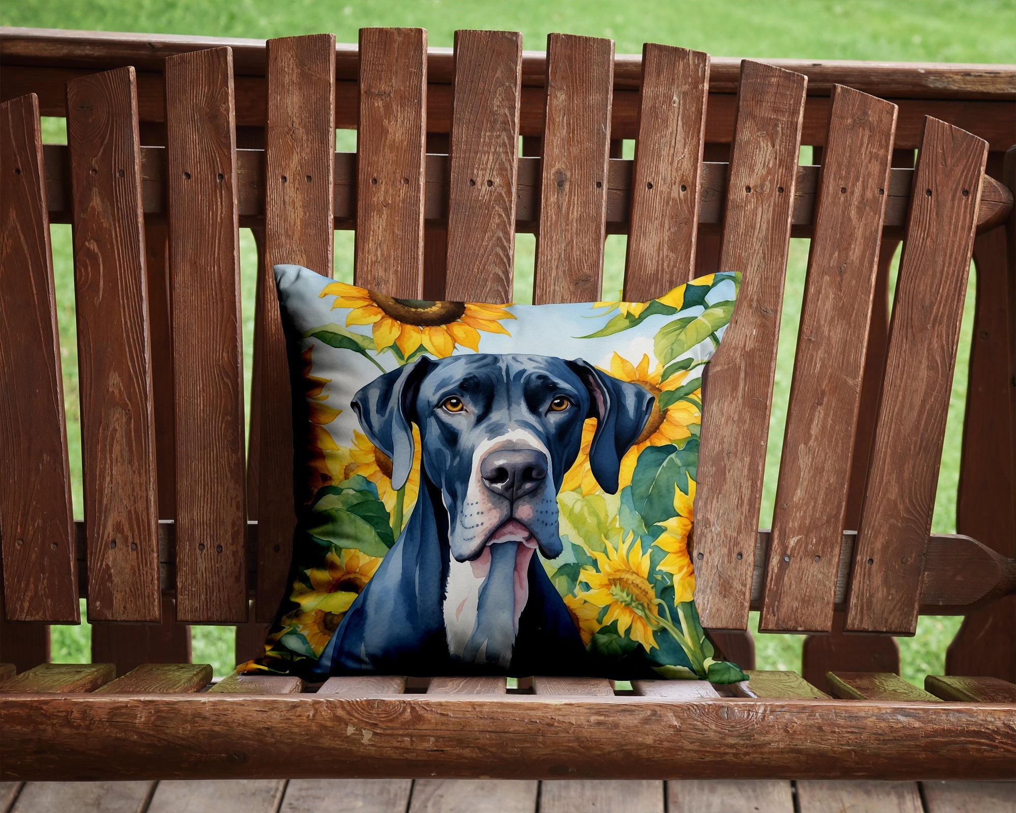 Great Dane in Sunflowers Decorative Throw Pillow 14x14 Indoor Outdoor Accent Cushion, Fabric Cover with Insert for Sofa, Bed, Porch & Living Room