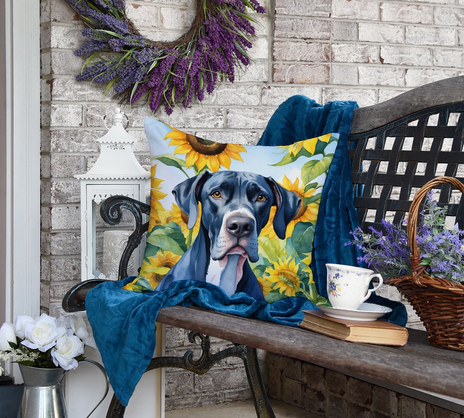 Great Dane in Sunflowers Decorative Throw Pillow 18x18 Indoor Outdoor Accent Cushion, Fabric Cover with Insert for Sofa, Bed, Porch & Living Room