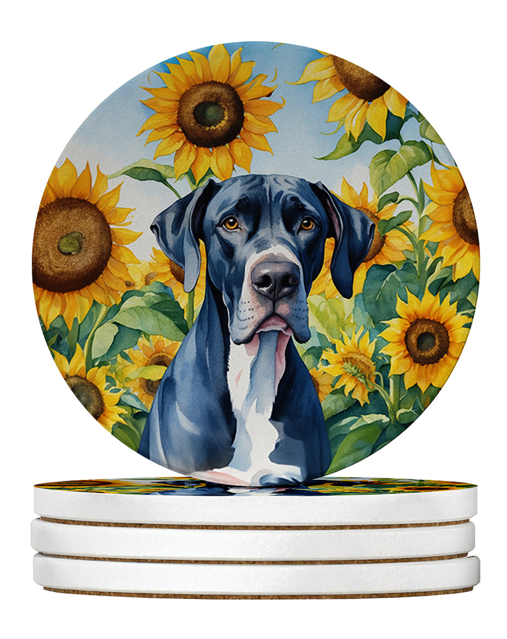 Great Dane in Sunflowers Large Sandstone Coasters Pack of 4 Absorbent Round Coasters Decor Gifts for Men or Women, 4 in, Multicolor