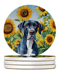 Great Dane in Sunflowers Large Sandstone Coasters Pack of 4 Absorbent Round Coasters Decor Gifts for Men or Women, 4 in, Multicolor